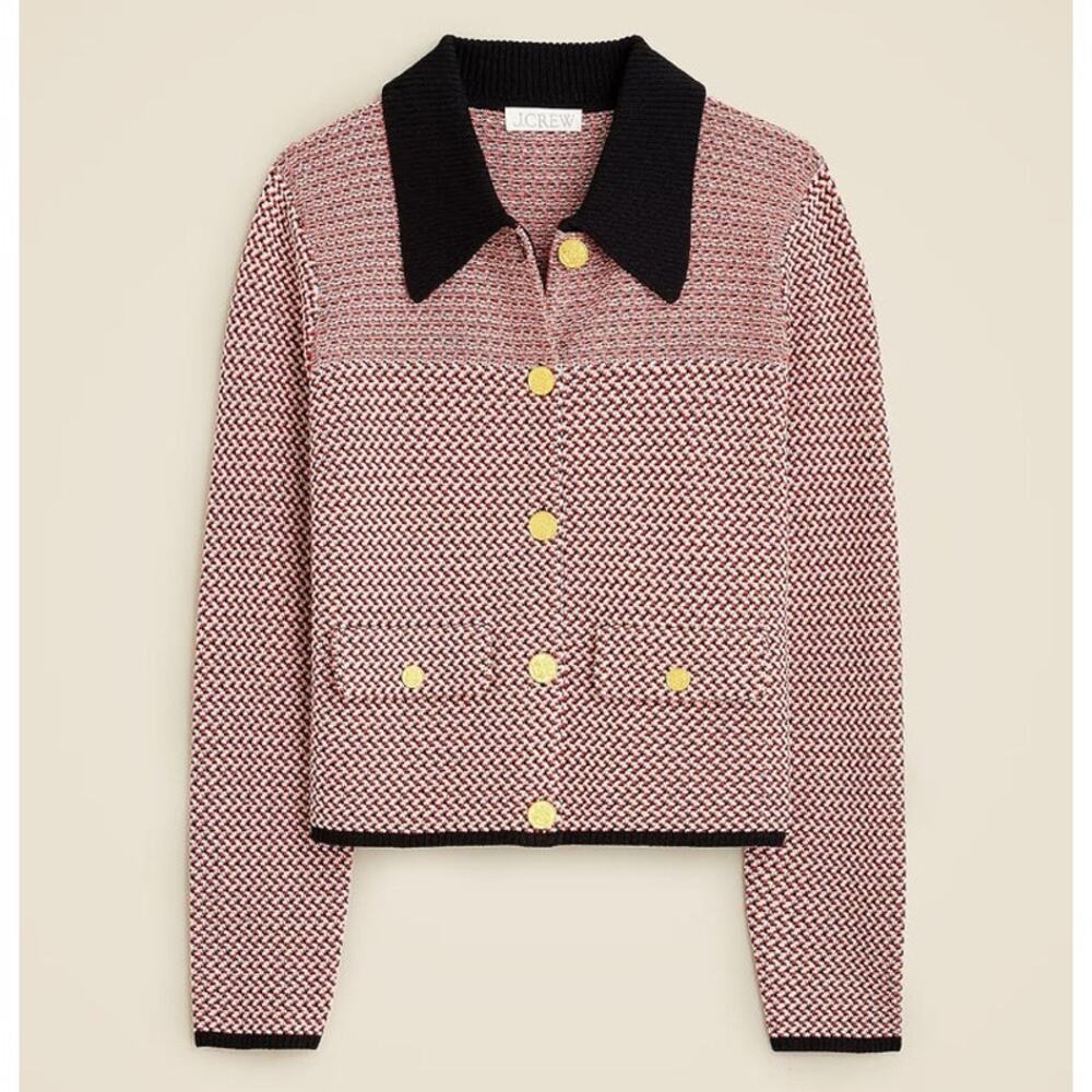 J. Crew Pink Knit Button-Up Jacket with Black Collar and Gold Buttons